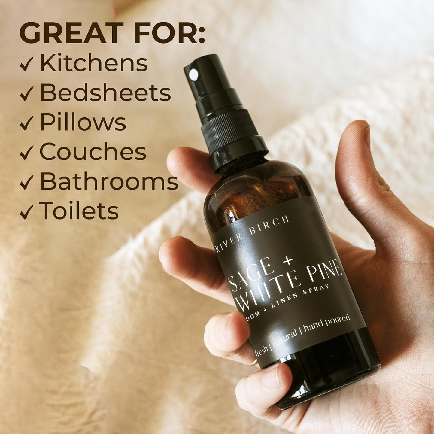 Luxury Linen & Room Spray — Sage + White Pine, Handmade, 4oz Amber Glass