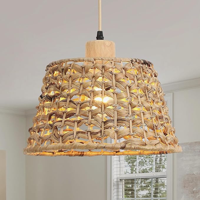 Rattan Boho Pendant Light, 12" 1-Light Hand-Woven Wicker Pendant Light with Water Hyacinth Shade, Natural Coastal Cone Hanging Light for Kitchen Island Sink Dining Room