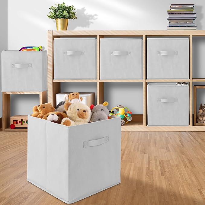 Casafield Set of 6 Collapsible Fabric Cube Storage Bins, White - 13" Foldable Cloth Baskets for Shelves, Cubby Organizers & More