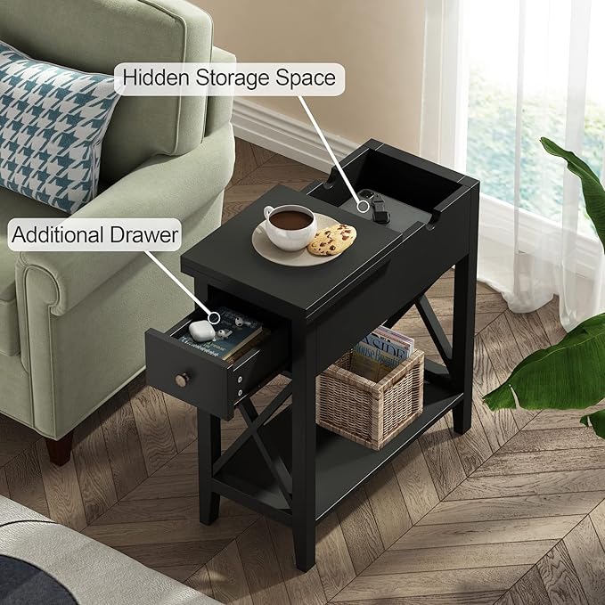 ChooChoo End Table, Flip Top Narrow End Table with Drawer, Accent Small Side Table Nightstand for Living Room, Bedroom, and Small Spaces, Black