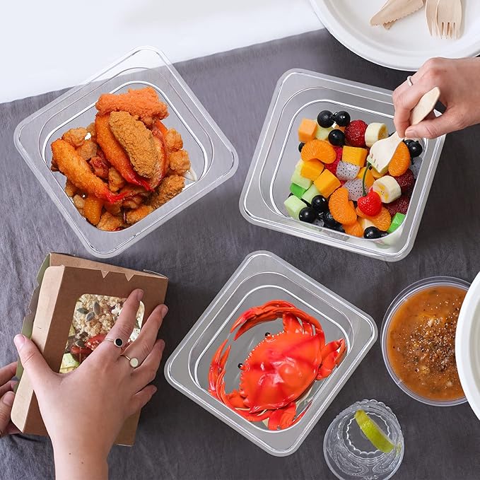 Yinder 12 Pcs Plastic Clear Food Pans 1/6 Size Stackable Polycarbonate Food Containers with Capacity Indicator Restaurant Commercial Hotel Pan for Fruits Vegetables Beans Corns (4'' Deep)