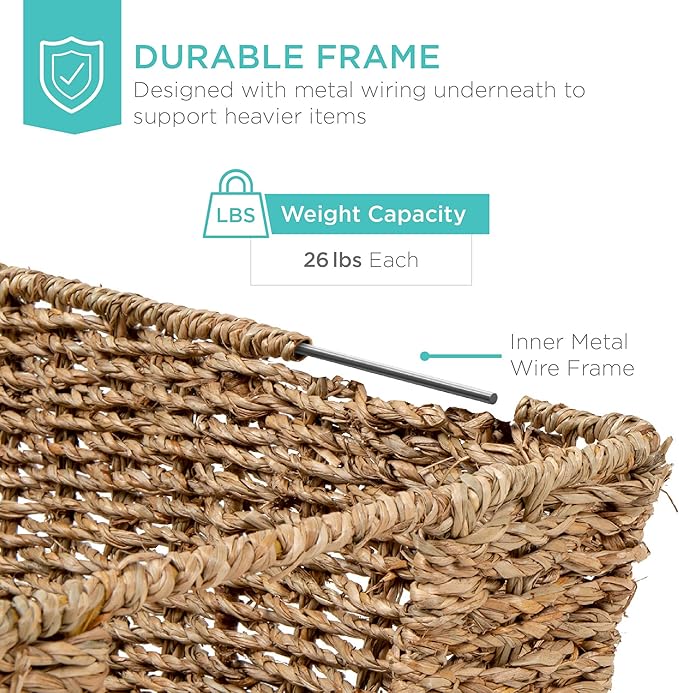 Best Choice Products Rustic Set Of 4 Multipurpose Stackable Seagrass Storage Basket, Handwoven Laundry Organizer Totes for Bedroom and Living Room, Shelves, Pantry w/Insert Handles - Natural