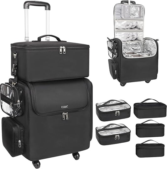 Relavel Rolling Makeup Train Case with Large Makeup Case, Hairstylist Traveling Bags with 5 Small Clear Bags, Cosmetology Case on Wheels, Hair Tools and Cosmetics Storage Organizer Trolley Suitcase