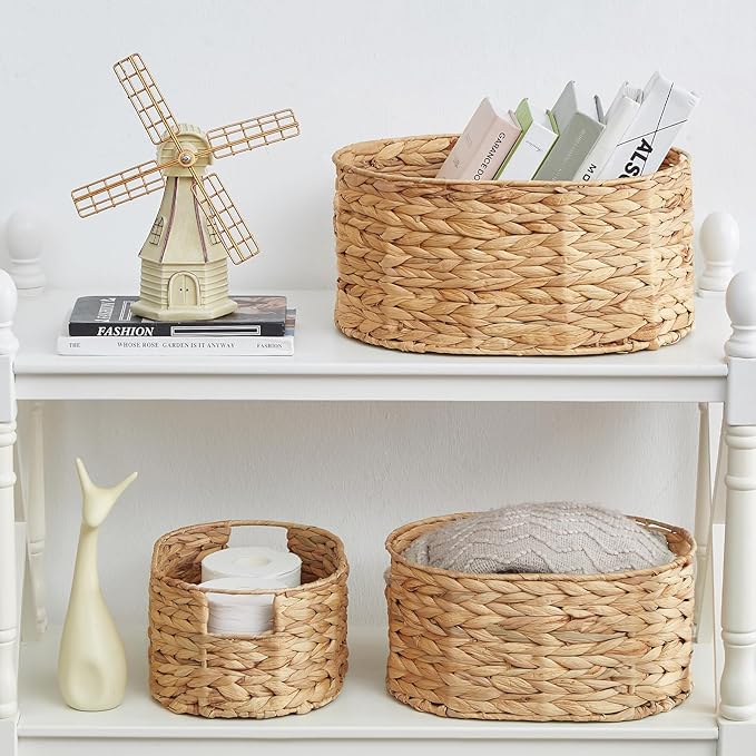 Vagusicc Wicker Basket, 3-Pack Hand-Woven Water Hyacinth Wicker Storage Basket with Handles, Large Woven Storage Baskets for Shelves, Round Storage Baskets for Organizing & Decor
