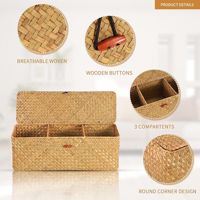 Wicker Shelf Baskets with Lid, Seagrass Basket for Storage Rectangular Woven Baskets Boxes 3-Section Home Decor Organizer (Natural Large)