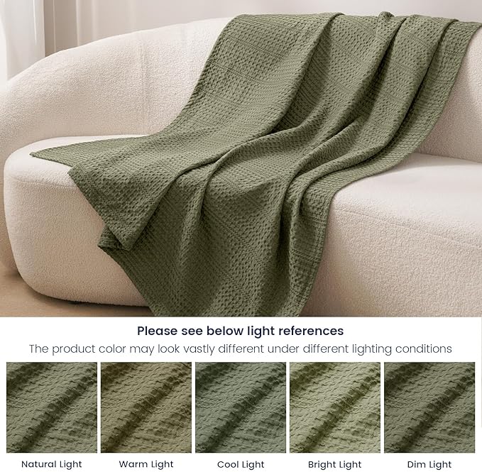 PHF Lightweight Waffle Weave Blanket Queen Size 90"x 90", Soft Woven Summer Blanket for Hot Sleepers - Aesthetic Home Decor for Couch Bed Sofa, Pet Friendly, Olive Green