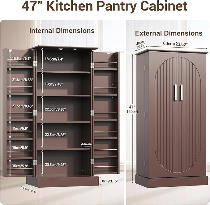 47” Kitchen Pantry Cabinets, Freestanding Kitchen Pantry Storage Cabinet with Doors and Adjustable Shelves, Buffet Cupboards Storage Cabinet for Home Office Use (Brown)