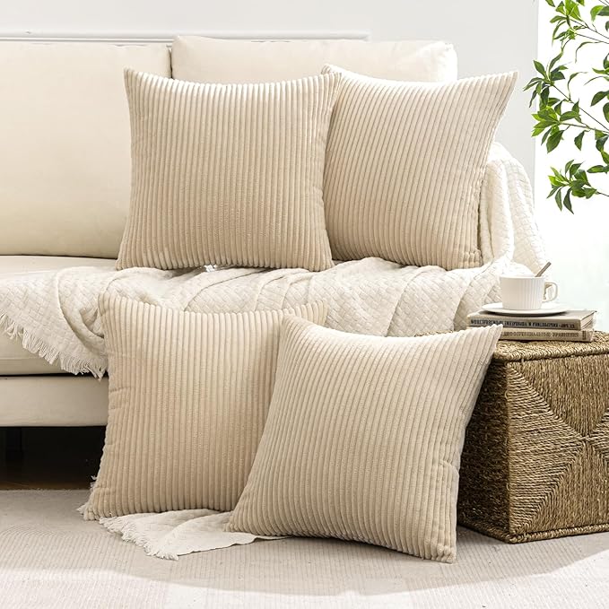 Boho Throw Pillow Covers 18x18 Set of 4 - Beige Corduroy Cushion Covers