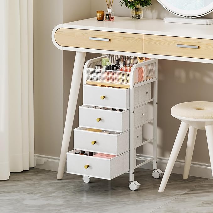 SWTYMIKI Rolling Makeup Organizer Cart - Floor Skincare Make Up Storage with 4 Non-woven Drawers, Vanity Organizer Cosmetic Display Cases Cabinet for Skin Care Perfume Nail Polish Brush Hair Tool