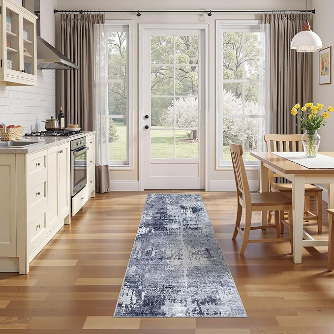 Washable Runner Rug for Hallway: 2x6 Neutral Modern Abstract Low Pile Area Rug with Non-Slip Backing - Carpet for Bedroom Kitchen Laundry Entryway Bathroom Indoor - Navy Blue