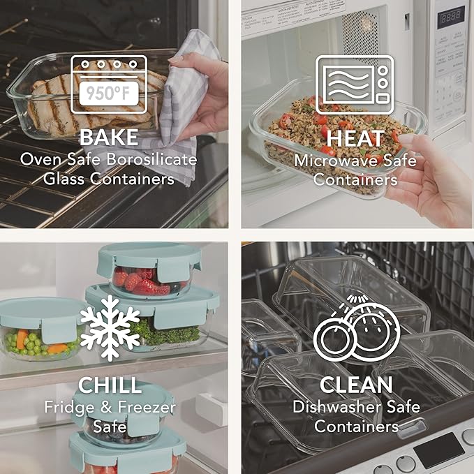 Bentgo Glass Leak-Proof Food Storage Set - 6-Piece Glass Containers with BPA-Free Airtight Lids, Reusable & Durable for Leftovers & Meal Prep - Microwave, Freezer, Oven & Dishwasher Safe (Soft Aqua)