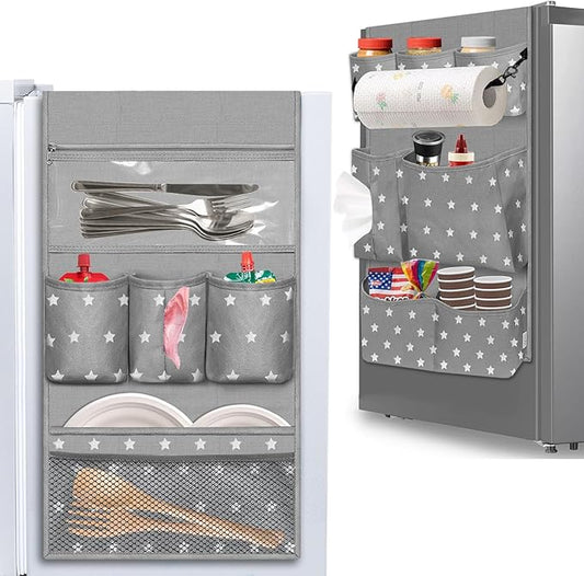 Dorm Room Essentials Mini Fridge Organizer, Hanging Over Fridge Storage Organizer, College Caddy with 14 Pocket for Office, Kitchen, Home, School (Grey)