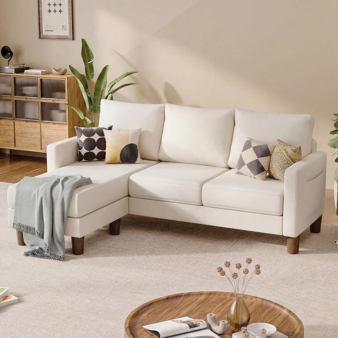 JUMMICO L Shape Sectional Sofa Couch, 3 Seat Convertible Sofa with Movable Ottoman and Side Storage Pockage, Modern Sofa Small Couches for Living Room & Apartment and Small Space (Linen, White)