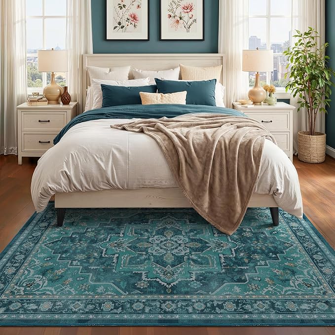 Luxurious Teal Living Room Rug 6x9, Washable Non Slip Rug for Dining Room Under Table, Vintage Medallion Vibrant Low Pile Thin Carpet Rugs for Bedroom Den Home Office