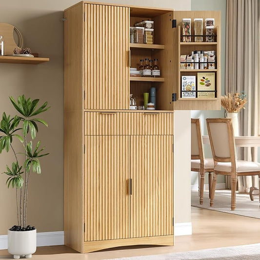 Marsail 72" Tall Kitchen Pantry Cabinet, Spacious Storage Cabinet with a Drawer, 4 Adjustable Shelves, 6 Door Shelves, Anti-Tip Safety, Fluted Cabinet for Kitchen, Dining, and Living Room, Natural