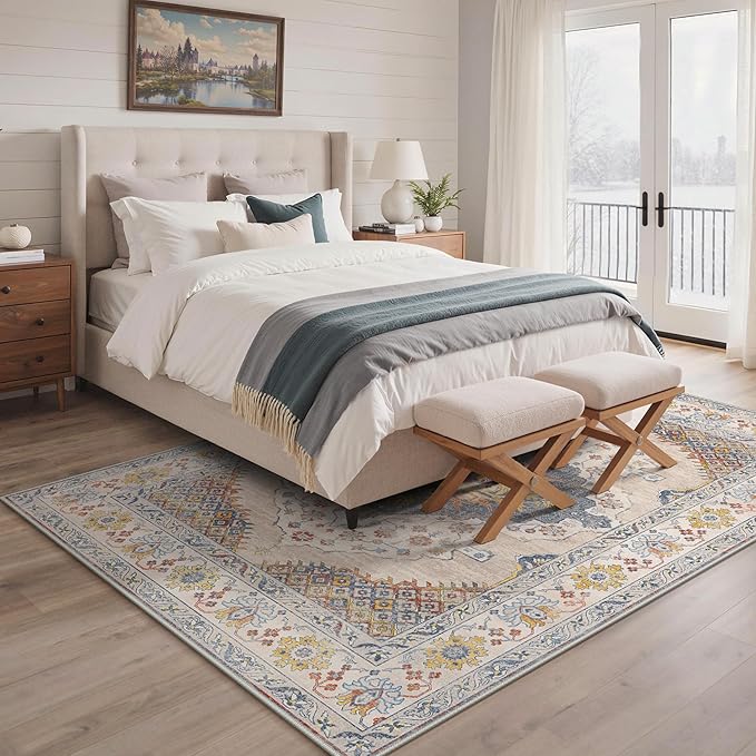 GENIMO 8x10 Area Rugs for Living Room, Machine Washable Non Slip Rugs, Low Pile Lightweight Print Rug for Bedroom, Dining Room, Home Office, Vintage Cream/Blue