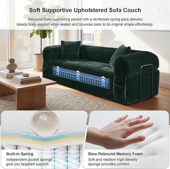 83'' Boneless Couch in A Box, No Assembly Needed Sofa Bed Couch 3 Seater Corduroy Modern Cloud Sofa 29'' Deep Seat with 2 Pillows & Removable Backrest for Living Room, Bedroom, Apartment, Dark Green | No Assembly Needed, High Density Foam, Removable Ba...