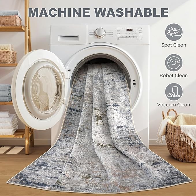 Area Rug Living Room Rugs - 7x9 Washable Large Soft Indoor Neutral Modern Abstract Low Pile Rug Carpet for Bedroom Dining Room Farmhouse Home Office - Blue/Grey/Brown