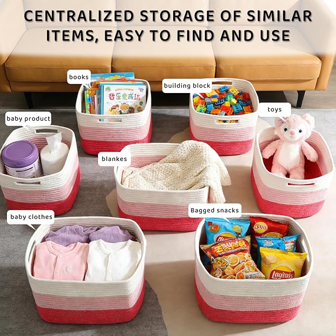 4 Pack Storage Baskets for Organizing, 12''Lx10''Wx8''H Woven Baskets for Storage Toys, Towels, Books, and Clothes, Cotton Rope Basket for Shelves with Handle (White & Pink)