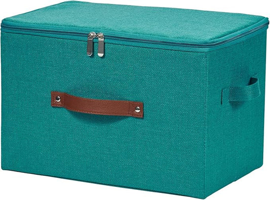 Storage Bins with Zipper Lid Cotton Linen Fabric Lidded Storage Baskets Boxes Foldable Washable Closet Shelf Clothes Organizer Container with PU Leather Handles (Teal Blue, Large)