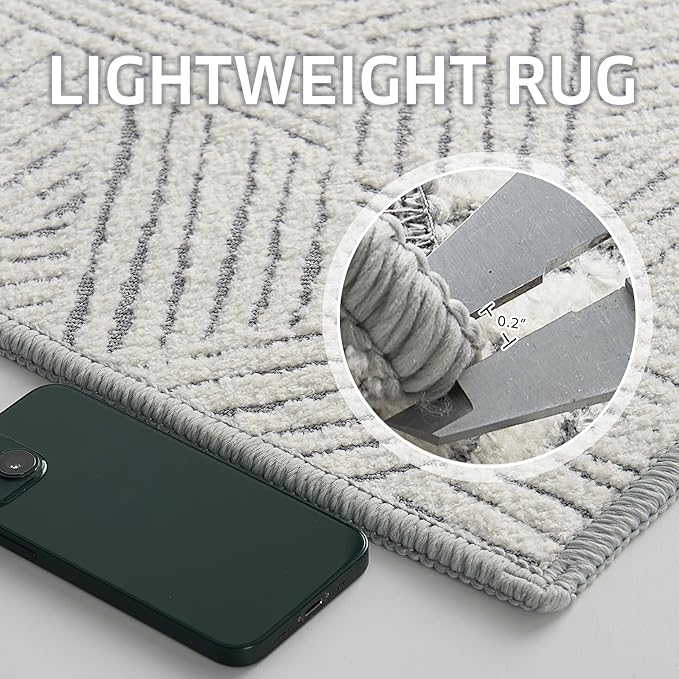 NICETOWN 8x10 White Area Rug for Bedroom, Jacquard Large Thin Washable Rug for Living Room Non-Slip Door Mat, Ultra Soft for Bedroom Living Room Kitchen Home Office, White and Grey