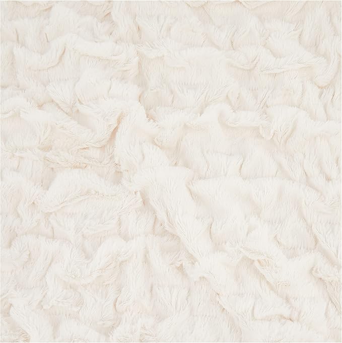 Comfort Spaces Ruched Faux Fur Plush 3 Piece Throw Blanket Set Ultra Soft Fluffy with 2 Square Pillow Covers, 50"x60", Ivory