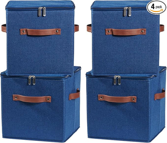 4PCS Storage Cubes with Lid Fabric Storage Bin Box PU Leather Handles Cotton Linen Closet Organizer Container Decorative Foldable Washable Shelf Cloth Basket (Zipper Lid, Deep Blue, 11in)