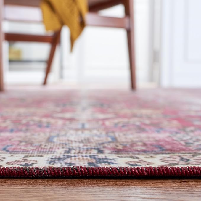 SAFAVIEH Washable Rug Tucson Collection - 3' x 5', Red & Beige, Slip Resistant & Easy to Clean, Ideal for Foyer, Entryway, Kitchen, Bedroom (TSN174Q)