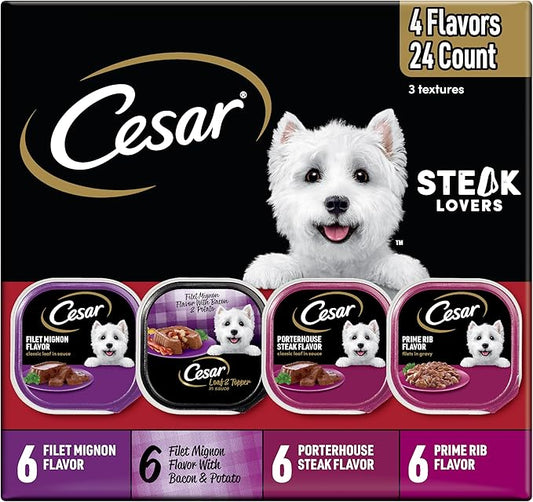 Cesar Adult Wet Dog Food Steak Lovers Variety Pack with Real Meat, 3.5 oz. Easy Peel Trays, 24 Count