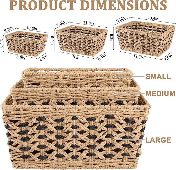 OIAHOMY Wicker Storage Baskets, Paper Rope Shelf Bins, Decortive Baskets for Organizing, Set of 3-Yellow & Black