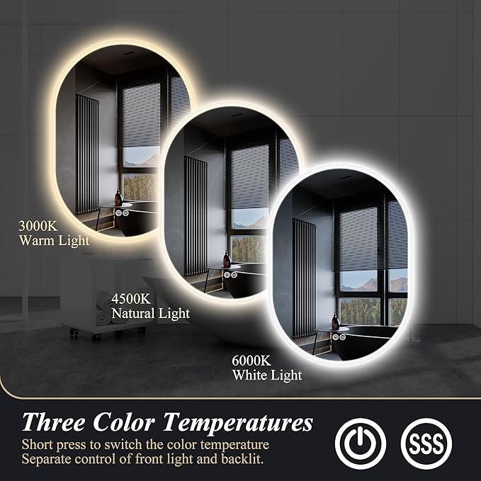 S'bagno 28x20 LED-Oval-Bathroom-Mirror, Wall-Mounted-Lighted-Bathroom-Mirror, Anti-Fog Dimmable Waterproof Vanity Mirror with Touch Switch with Lights, 3000K/4000K/6500K, Vertical or Horizontal