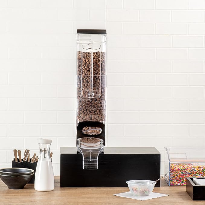 Restaurantware Cereal Dispenser 5 gal Plastic Gravity Bin Candy Dispenser Self-Serve Black Dry Food with Stand for Breakfast Buffet or Hotel Use