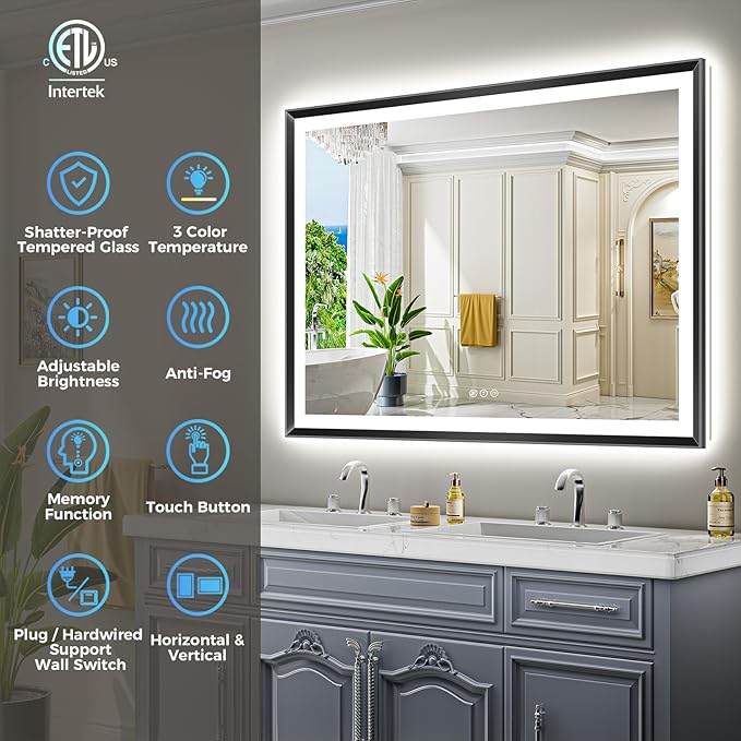 44x30 Black Framed LED Bathroom Mirror with Lights, Backlit and Front Light, Lighted Bathroom Vanity Mirror for Wall Dimmable Anti-Fog Memory Tempered Glass Horizontal/Vertical