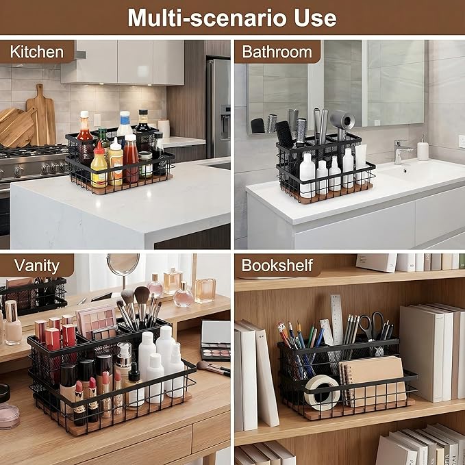 2 Pcs Hair Tool Organizer Countertop Breathable Metal & Bamboo Hot Tools Organizer Under Sink Bathroom Hair Dryer Holder Countertop Brush Comb Holder,Makeup Tray (Koa Wood,Black)