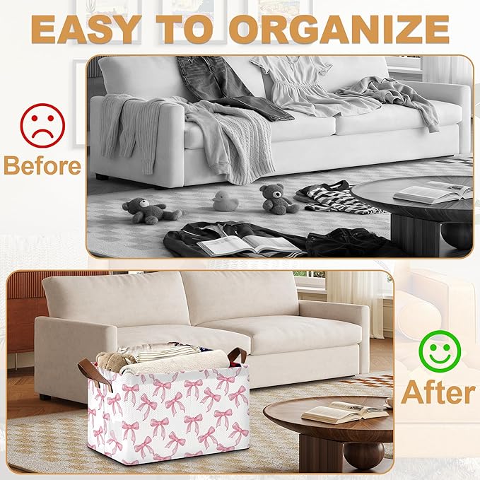 Bowknot Storage Bins with Handles, Collapsible Storage for Clothes, Gift Basket, Blankets & Closet Organization