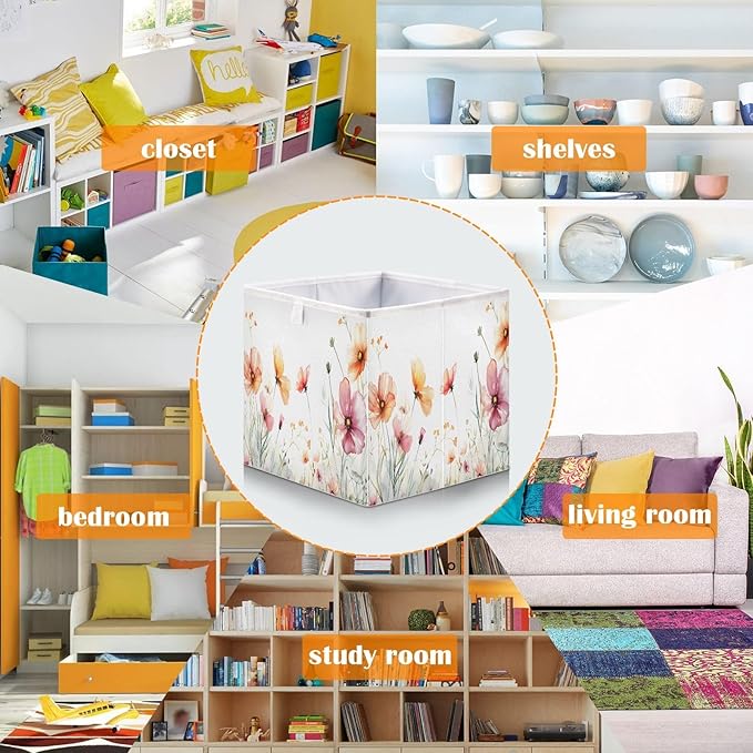 Bolaz Flowers on White Background Closet Organizers Storage Cubes Storage Bins Shelf Baskets Containers for Home Room Office,Rectangle