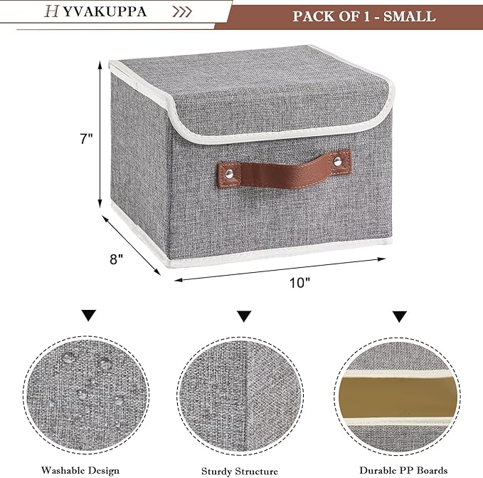 2PCS Collapsible Storage Boxes Baskets with Lid Cotton Linen Fabric Storage Bins with Faux Leather Handles Washable Cube Organizer Container for Home Closet Bedroom (Gray, Small Size)