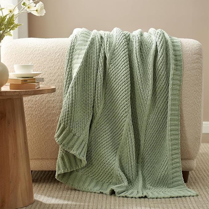 Amélie Home Chevron Chenille Knit Throw Blanket for Couch, Cozy Texture Decorative Soft Blanket for Sofa & Chair, 50"x60", Sage Green