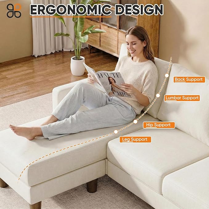 JUMMICO L Shape Sectional Sofa Couch, 3 Seat Convertible Sofa with Movable Ottoman and Side Storage Pockage, Modern Sofa Small Couches for Living Room & Apartment and Small Space (Linen, White)