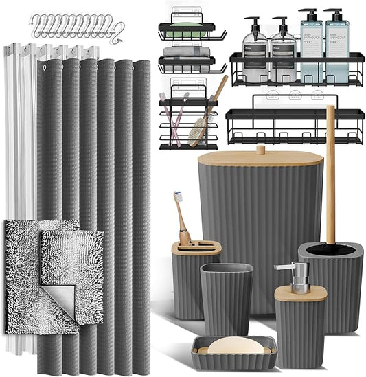 Clara Clark Bathroom Accessories Set - 27PC Bathroom Set with Adhesive Corner Shower Caddy Hanging, Bathroom Sets with Shower Curtain and Rugs, Ombre Grey Shower Curtain Set with Bathroom Trash Can