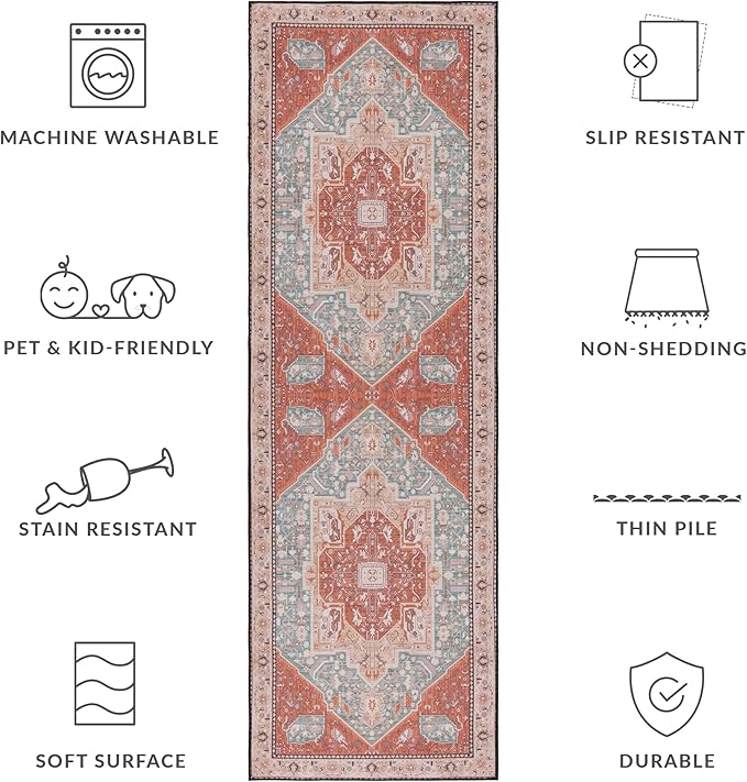 SAFAVIEH Washable Rug Tucson Collection - 2'6" x 6' Runner, Aqua & Rust, Slip Resistant & Easy to Clean, Ideal for Hallway, Foyer, Entryway, Bedroom (TSN150J)