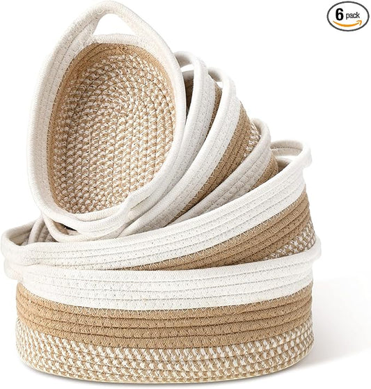 6 Pcs Boho Storage Baskets for Organizing Woven Baskets Set Natural Cotton Rope Storage Bins for Shelves Toys Books Clothes Decorative Farmhouse Home Decor for Bedroom Closet Nursery, 3 Sizes