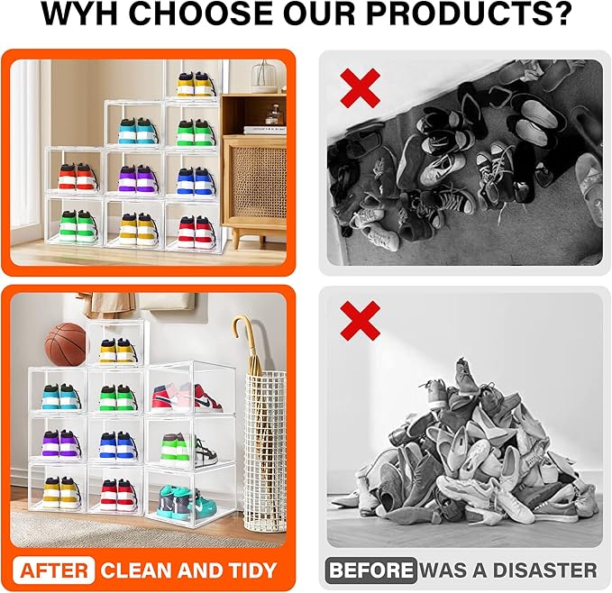 12 Pack Drop Front Shoe Boxes Acrylic Shoe Display Case Fit US Size 13, Clear Stackable Hat Sneaker Shoe Organizer for Closet, Entryway, Underbed, Multiple Display Cases for Hats, Figures, Sneakers