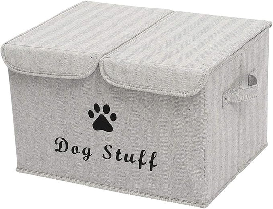 Geyecete Large Storage Boxes - Large Linen Fabric Foldable Storage Cubes Bin Box Containers with Lid and Handles for Dog Apparel & Accessories, Dog Toys, (Striped Gray)