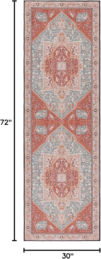 SAFAVIEH Washable Rug Tucson Collection - 2'6" x 6' Runner, Aqua & Rust, Slip Resistant & Easy to Clean, Ideal for Hallway, Foyer, Entryway, Bedroom (TSN150J)