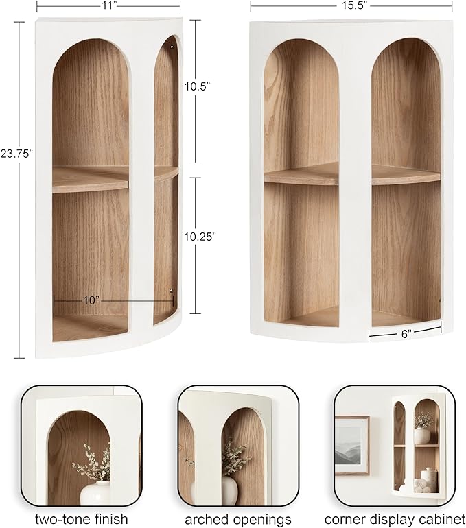 Kate and Laurel Elloree Modern Corner Shelf Cabinet for Storage and Display, 16 x 11 x 24, White and Natural, Transitional Corner Storage for Use as Living Room Shelving or Bedroom Storage Design