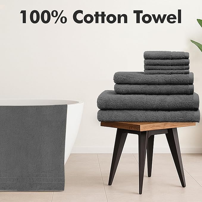 Bath Towels Set of 8 – 100% Cotton (Dark Grey) Bathroom Towel Set Bale Includes 2 Bath, 2 Hand, 4 Face Towels – Soft, Absorbent & Quick Dry Towel for Bathroom, Spa, Kitchen, Hotel Use