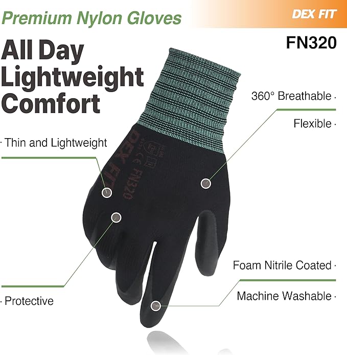 DEX FIT Nylon Work Gloves FN320, 3D Comfort Fit, Power Grip, Lightweight & Breathable, Touchscreen, Gardening, Yard Work, Warehouse, Delivery Driver Gloves; Black 8 (M) 12 Pairs
