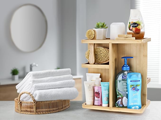 Sorbus 360° Makeup Organizer - Bamboo Wood Make Up Storage Carousel for Cosmetics, Skin Care Rotating Makeup Organizer for Vanity, Bathroom Storage