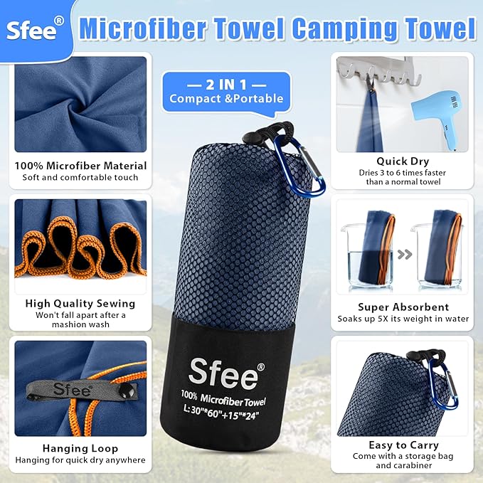 2 Pack Microfiber Travel Towel, Quick Dry Towel Camping Towel Super Absorbent Compact Lightweight Sports Towel Swim Gym Beach Towels Set for Gym, Hiking, Pool, Backpacking, Bath, Yoga